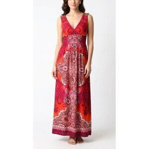 Bisou Bisou Size 4 Red Purple Sleeveless V-neck Mandala Print Maxi Dress